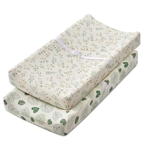 Blissful Diary Muslin Changing Pad Cover for Girls Boys, Ultra Soft Breathable Cotton, Baby Diaper Change Table Pad Covers, 2Pack (Leaf & Monstera Leaves)