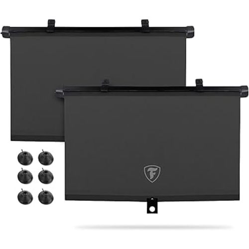 Firestone 2 Pack Retractable Automotive Sunshade Car Window Sunshades - Blocks 99% UV Rays, Lightweight & Compact Car Side Window Shade with Automatic Retract Button, Blocks Glare & Heat, Black
