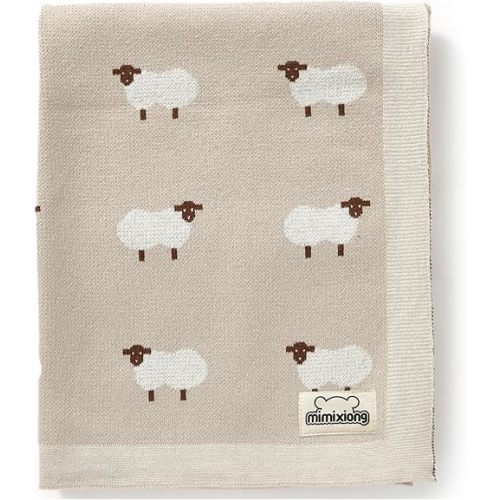 mimixiong Baby Blanket Knit 100% Cotton Toddler Blankets for Boys and Girls with Cute Sheep Size 30 x 40 inches Khaki