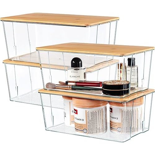 Hudgan 4 Pack Clear Plastic Storage Bins with Bamboo Lids, Stackable Storage Containers for Organizing Medicine Cabinet Organizer, Craft Room, Bread Box