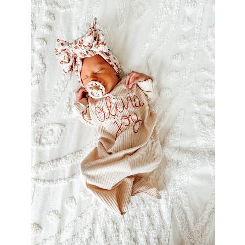 Baby Knotted Gown - Embroidered knotted gown - baby coming home outfit - hand embroidered