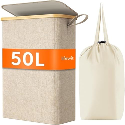 Lifewit 50L Slim Laundry Hamper with Lid, Narrow Laundry Basket with Removable Bag & Bamboo Handles, Fodable Thin Dirty Clothes Hamper for Laundry Collapsible Bin for Bathroom Bedroom Dorm, Beige