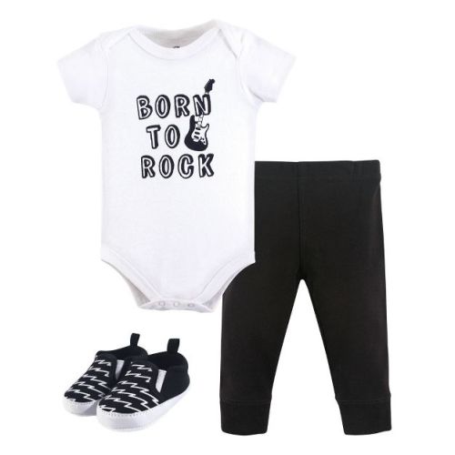 Little Treasure Baby Boy Cotton Bodysuit, Pant And Shoe 3pc Set, Born To Rock, 6-9 Months