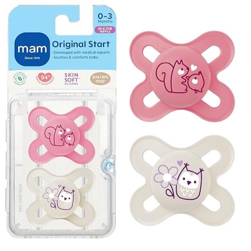 MAM Original Start Matte Baby Pacifiers 0-3 Months, BPA-Free Skin Soft Silicone Nipple, Developed with Medical Experts Specially for Smaller Newborn Mouths, Easy to Clean, 2 Pk with Sterilizer Case