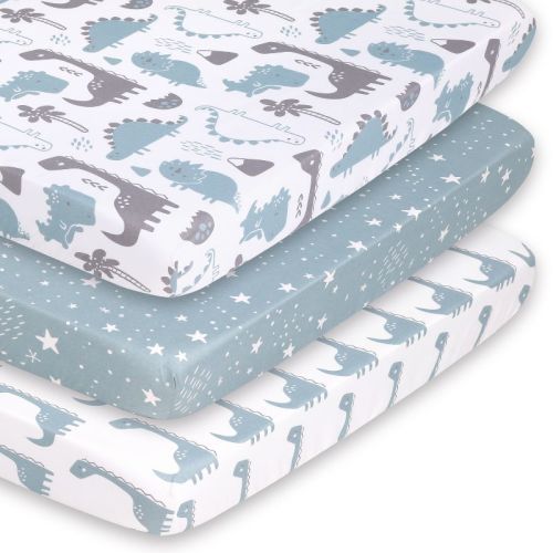 The Peanutshell Mini Crib Sheet Set For Boys - 3 Pack - Multiuse For Pack & Play, Playard, Playpen, Mini Crib - Blue Dino