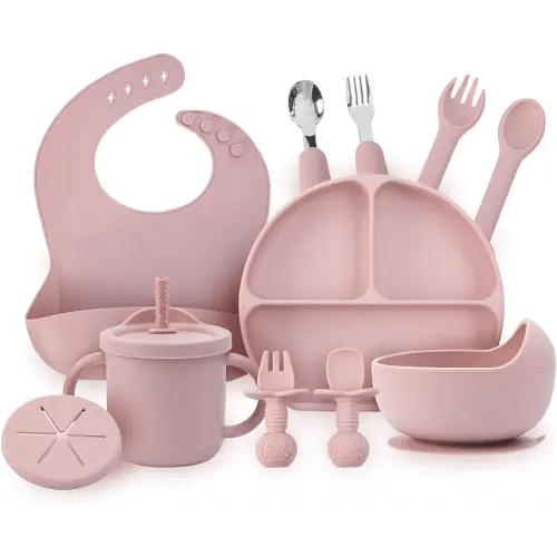 Baby Feeding Set, 13PCS Silicone Baby Self Feeding Set, Toddler Led Weaning Utensils Set with Suction Bowl and Plate, 3 Set of Baby Spoon and Fork, Adjustable Bid, Sippy Cup with Straw and 2 Lids