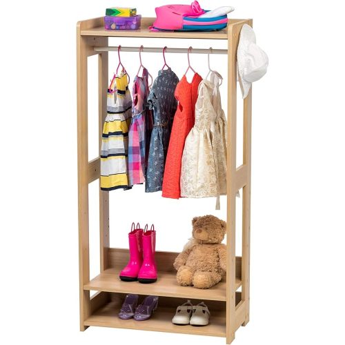 IRIS USA Small Open Wood Clothing Rack for Small Spaces, Clothes Rack with Shelves, Garment rack with Side Hook, Light Brown