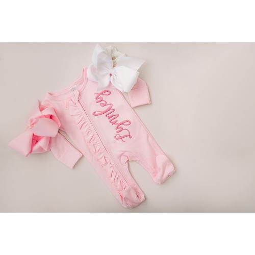 baby girl coming home outfit, monogrammed coming home outfit, sk creations, zip footie, ruffle outfit,