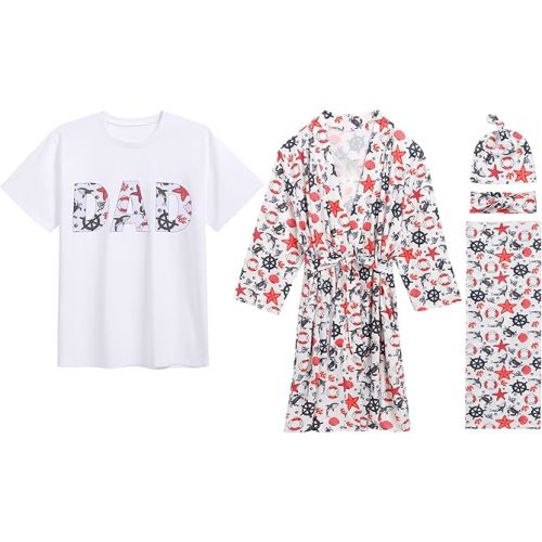 AWIBMK Mom and Me Robe and Swaddle Set and T-Shirt Hospital Labor Delivery Swaddling with Headband Hat for Mom Dad Baby