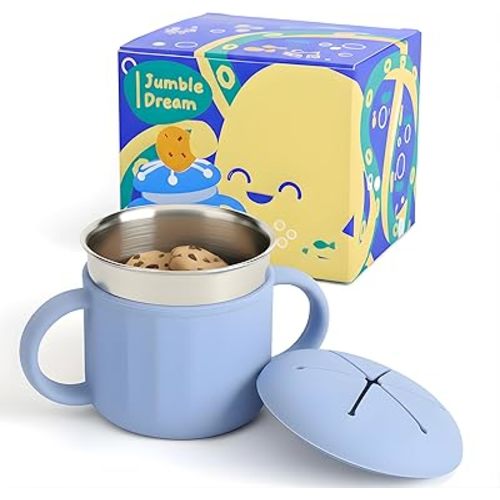 Jumble Dream Stainless Steel Baby Snack Cup for Toddlers Kids – Spill-Proof Silicone Snack Container – BPA-Free Non-Toxic Dishwasher Safe Food-Grade Stainless Steel for Baby Snacks 6m+ to 3+ Years