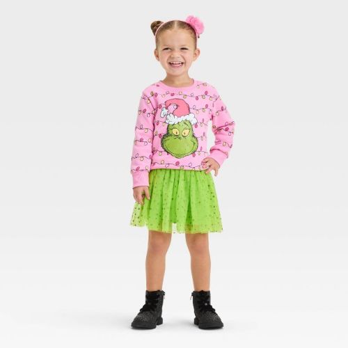 Toddler Girls' The Grinch Christmas Collection 2pc Tutu And Fleece Pullover Set - Pink/green 5t