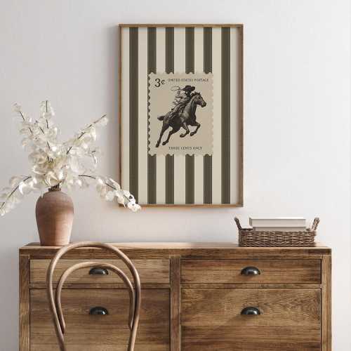 Vintage Striped Rodeo Poster, Western Bedroom Art, Cowboy Wall Art, Preppy Room Decor, Retro Horse, Aesthetic Art Print - No Frame