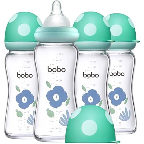 YOHKOH Natural Glass Baby Bottle with Natural Response Nipple, Newborn Anti-Colic Baby Bottles, Wide Neck Mushroom Cap Baby Bottle, Clear (Blue, (8.8oz (Pack of 4))