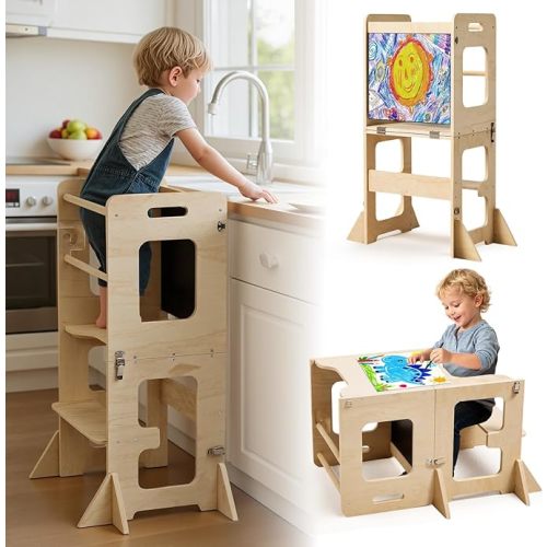 labebe Toddler Standing Tower for 12M+, Montessori Foldable Learning Standing Tower with Blackboard, Anti-tip Structure Design,Wooden Kitchen Step Helper Stool for 1-3 Year Old Boy Girl Gift