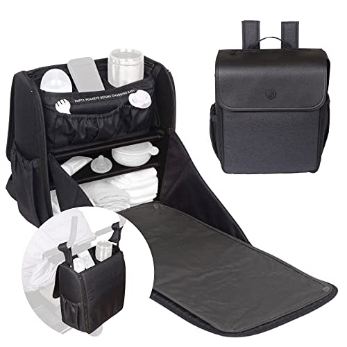 Diaper Bag Backpack Convertible - 800D Reinforced Stitching -Full Open Cabinet and Padded Changing Station, Removable Caddy with Two Drink Holders and Angled Cell Phone Storage for Viewing, Black