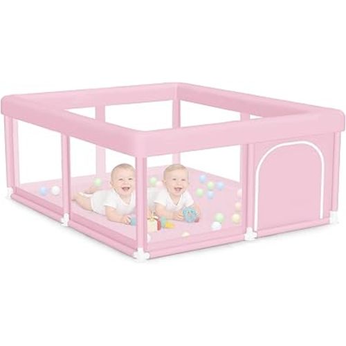 Hiaksedt Large Baby Playpen 50"x50" Baby Girl Play Pen for Babies and Toddlers, Safe Structure and Soft, Skin-Friendly Fabric with Zipper Gates Pink