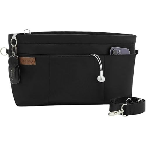 D.DUO Bag Organizer Insert, Crossbody Bag, Tote Organizer Insert with Adjustable Bag Strap, Waterproof Nylon Purse Inserts (Black, L)