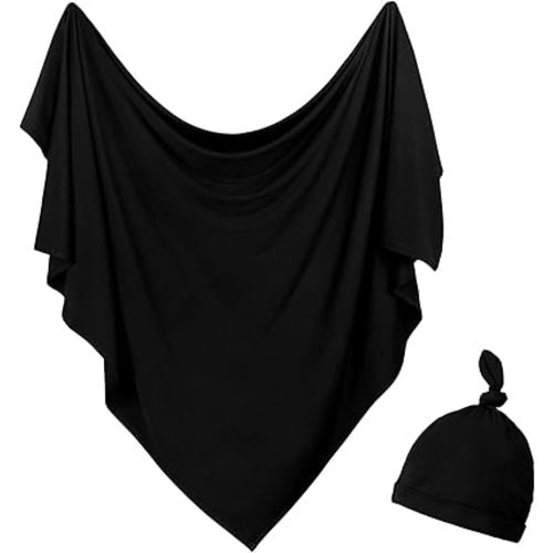 Newborn Swaddle Blanket with Hat Set Baby Swaddle Set Hospital Receiving Blankets for Girls Boys(Black)