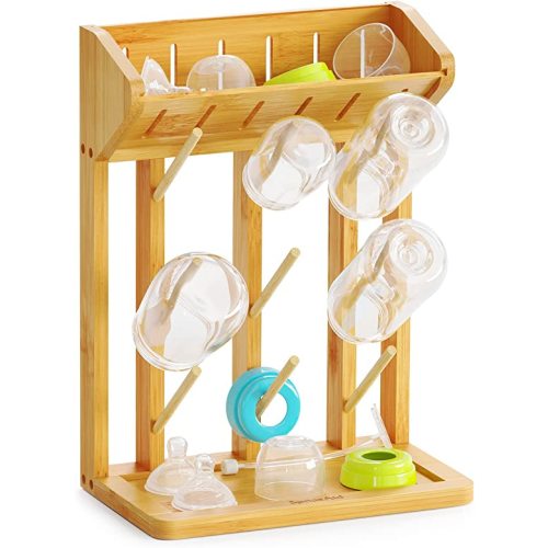 SpaceAid Bamboo Baby Bottle Drying Rack, Space Saving Kitchen Bottles Holder Organizer for Baby Bottle Rack Dryer Storage Accessories (Natural, 9 Bottles)