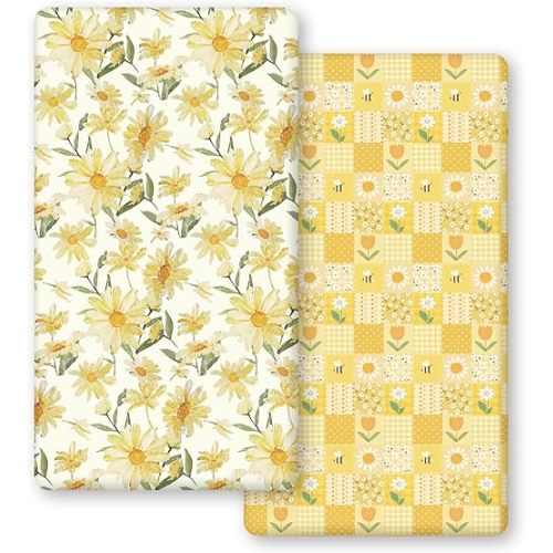Horaldaily 2 Pack Fitted Crib Sheet for Girls, Soft Breathable Washable Jersey Microfiber Baby Crib Sheet, Fits Standard Size Crib Mattress 28in x 52in, Floral Plaid Nursery Sheet Yellow/White