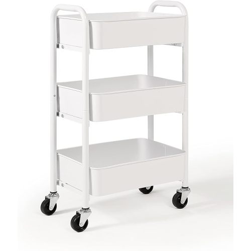 SunnyPoint 3-Tier Delicate Compact Rolling Metal Storage Organizer - Mobile Utility Cart Kitchen/Under Desk Cart with Caster Wheels (WHT, Compact (15.5" X 26.8" X 10.27"))