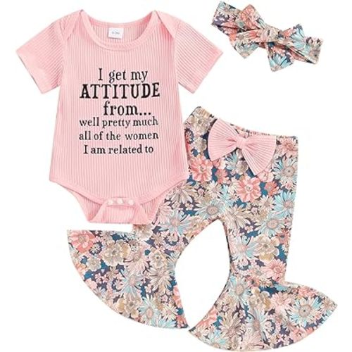 Engofs Newborn Baby Girl Clothes Short Sleeve Romper Flare Pants Headband Set 3Pcs Infant Summer Outfit 0 3 6 12 18 Months