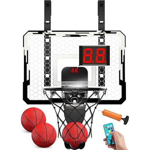 QDRAGON Indoor Basketball Hoop for Kids, Over The Door Mini Basketball Hoops with 7 LED Lighting, Basketball Toys Gifts for 5 6 7 8 9 10 11 12 Year Old Boys Girls Teens, White