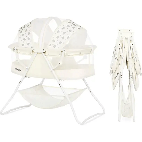 Dream On Me Karley Bassinet in French White, Lightweight Portable Baby Bassinet, Quick Fold and Easy to Carry , Adjustable Double Canopy, Indoor and Outdoor Bassinet with Large Storage Basket.