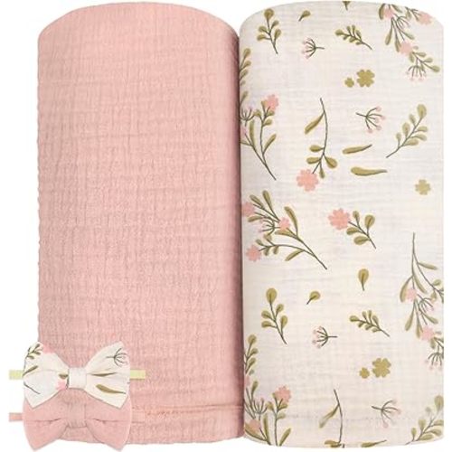 2 Pack Muslin Swaddle Blankets and Headbands for Baby Boys Girls Receiving Blanket for Newborn 47 x 47 inches Soft Breathable Swaddle Blanket Wrap