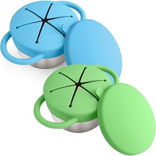 Mity rain Stainless Steel Snack Containers for Toddlers with Spill-Proof Silicone Lids Handles - 3-in-1 Baby Snack Cups, No-Spill Toddler Snack Box (Deep Blue+Deep Green, Two piece set)