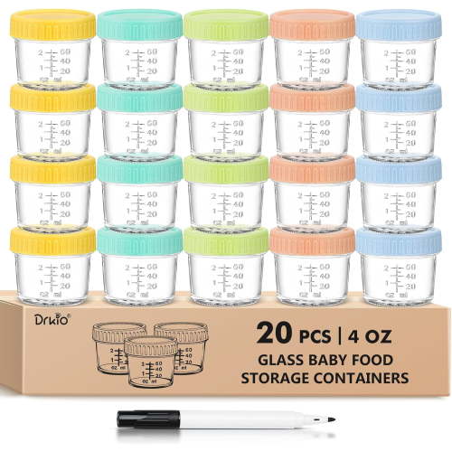 SAIYA 20 Pack Glass Baby Food Storage Containers 4 Oz Baby Food Jars with Lids Baby Food Maker Microwave Dishwasher Freezer Safe 100% Leak-Proof BPA Free