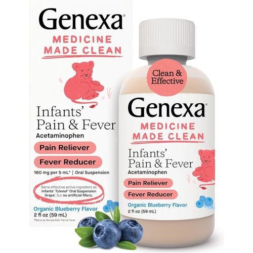 Genexa Infants’ Pain and Fever Reducer | Baby Acetaminophen, Dye Free, Liquid Oral Suspension Medicine for Infant | Delicious Organic Blueberry Flavor | 160 mg per 5mL | 2 Fluid Ounces - 2 Fl Oz (Pack of 1)
