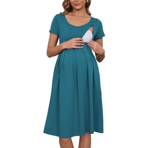 Ecavus Women's Nursing Dress Short Sleeve Hidden Zipper Maternity Breastfeeding Dress with Pockets