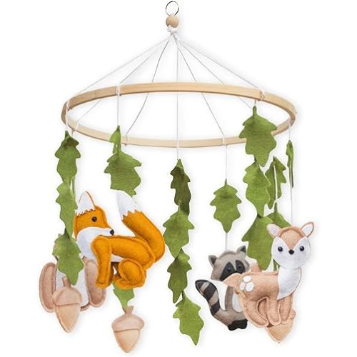 First Landings Woodland Baby Mobile for Crib - Baby Nursery Mobiles - Woodland Nursery Decor Theme - Gender Neutral Baby Stuff - Animals Forest Nursery Decor Baby Mobile - Woodland Baby Stuff
