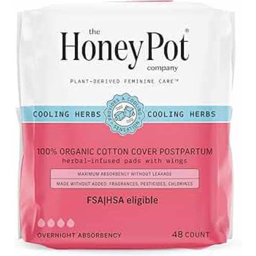 The Honey Pot Company - 48ct - Herbal Postpartum Pads w/Wings - Infused w/Essential Oils for Cooling Effect, Organic Cotton Cover, & Ultra-Absorbent - Postpartum Essentials to fill your Postpartum Kit