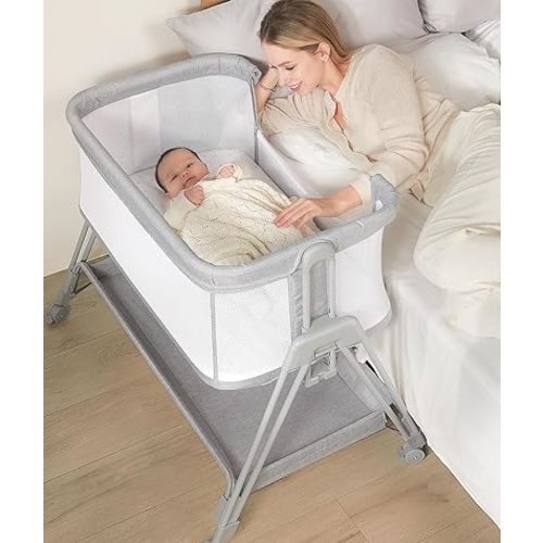 Baby Bassinet Bedside Sleeper with Wheels and Storage Tray, 4-Side Mesh Bedside Bassinet for Baby,Height Adjustable Bedside Crib for Newborn/Infant, Light Grey,Mattress Included
