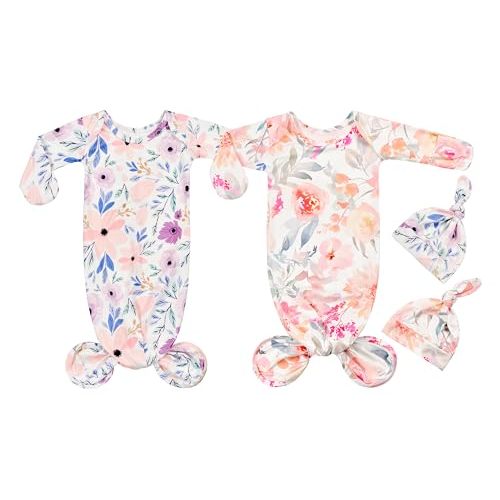 Vollmic Newborn Baby Knotted Gown Sleeper Gown with Mittens Long Sleeve Nightgown Baby Coming Home Outfit with Hat 2 Pieces