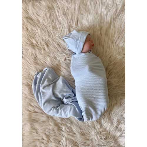 Baby swaddle blanket, “Jack” Powder Blue Ribbed, baby wrap, knot hat, swaddle set, hospital set, boy gift, baby gift, neutral swaddle