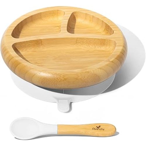 Avanchy Baby Plates Divided Bamboo with Suction for Babies Kids Toddler Food with Silicone Spoon for Feeding (White)