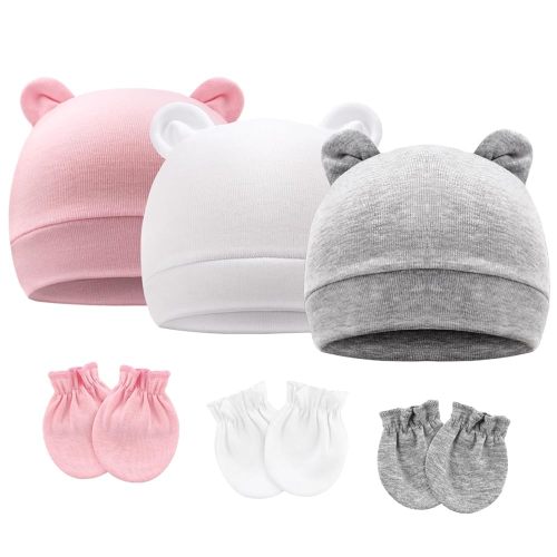 Newborn Baby Hat and Mittens Set Bear Ears Toddler Infant Beanie Caps Newborn Hospital Hat for Baby Boy Girl 0-3 Months