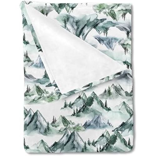 Watercolor Green Mountains Landscape Baby Blanket for Girl Boy Misty Forest Woods Mountain Trees Receiving Swaddle Blanket Soft Flannel Newborn Toddler Nursery Crib Bed Blanket Daycare Playmat 30x40