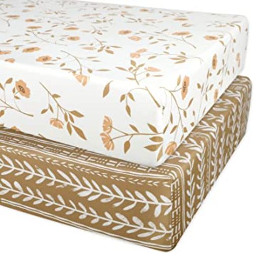 Fitted Crib Sheets for Girl Boy, 2 Pack Soft Jersey Knit Floral Baby Crib Sheets Set for Standard Crib Mattress & Toddler Bed Mattress, Retro Brown Flower