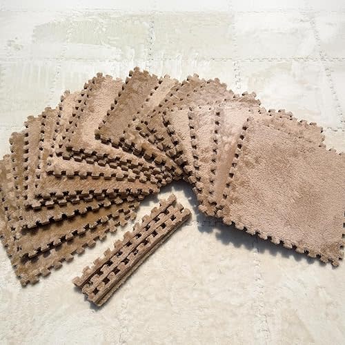 Puzzle Carpet Squares - Large 16 Piece Interlocking Carpet Tiles, Thick Padded Squares for Baby Play Mats & Flooring Tile with Cushions, Playroom & Classroom Rug, EVA Soft Plush Playmats Brown