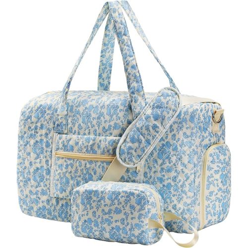 Large Weekender Quilted Travel Bags - Floral Quilted Duffle Bag, Hospital Bag for Women Labor Delivery, Travel Duffel Bag with Shoe Compartment, Gym Tote Bags with Dry and Wet Separation (Set of 2)