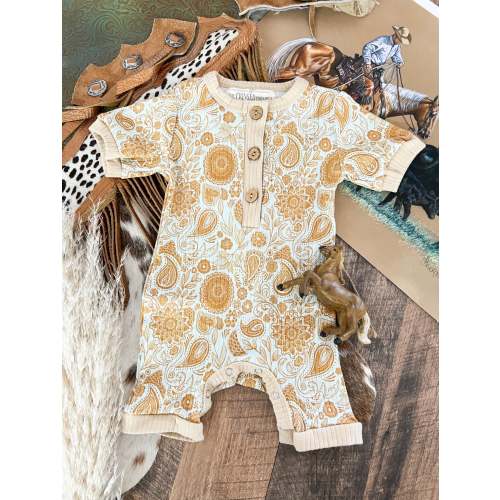 Peach Paisley Button Romper-final sale