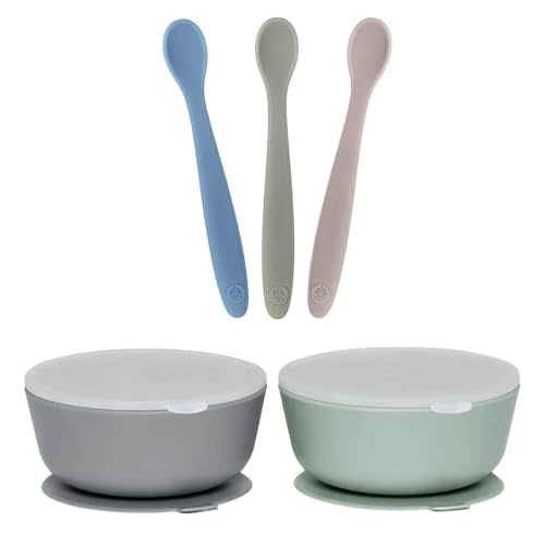 WeeSprout 3 Silicone Baby Spoons & 2 Bowls with Lids Bundle - Soft-Tip, Bendable Feeding Utensils - Durable, Travel-Friendly, Dishwasher Safe - Grey & Green