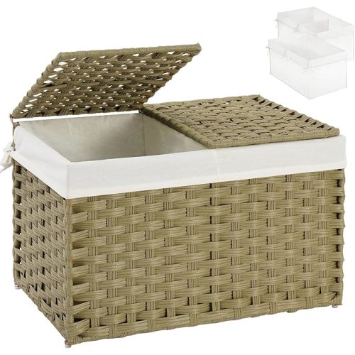 Storage Basket with Lid Rattan Woven Storage Baskets with 2 Separate Lids, 17.2 Gallon (65 L), 22 x 13 x 13.8 Inches,Foldable, 2 Removable Liner Bags Handles for Bedroom, Laundry Room Natural