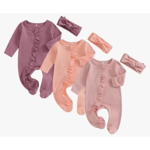 Merqwadd Baby Girl Zipper Pajama Footies 3 Pack Ruffle Sleeper Coming Home Infant Cotton Clothes