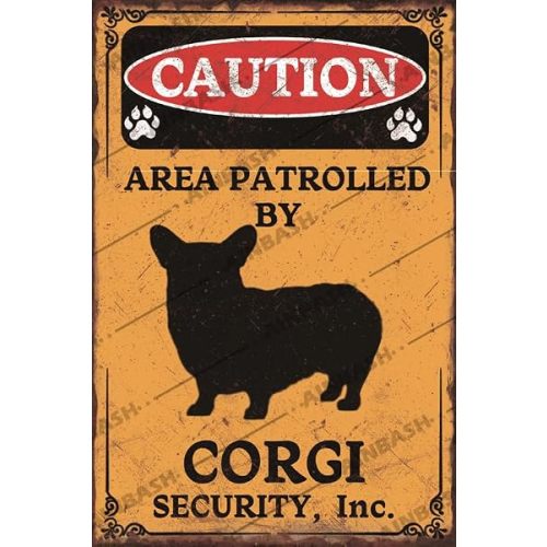 Corgi Sign Vintage Caution Area Patrolled By Corgi Metal Tin Sign Retro Trained Corgi Decor Gifts For Corgi Lovers Home Living Room Office 8x12 Inch