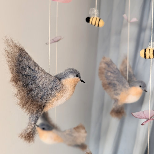 Bluebirds, Bees, Butterflies Baby Mobile: Needle Felted Nursery Decor